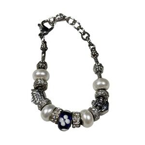 Nautical Charm Bracelet Silver Tone Anchor Cruise Ship Pearl Rhinestone Blue